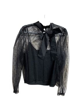 Express Sheer Mesh Polka Dot Blouse Bow Tie Neck Black XL NWT